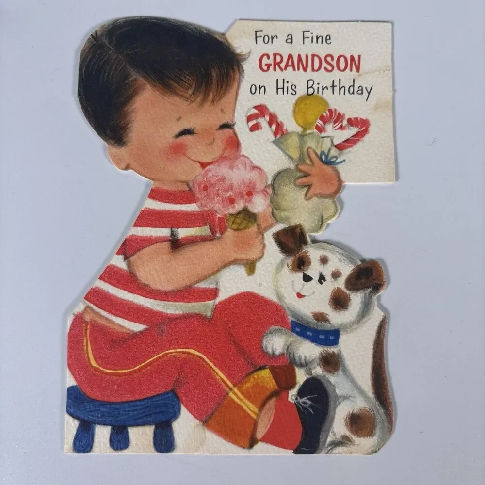 Vintage Hallmark Grandson Birthday Card Die Cut Boy Puppy Anthropomorphic Flock